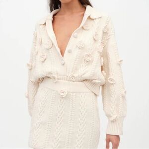 For Love & Lemons Cream Floral-Appliqué Cable V-Neck Sweater